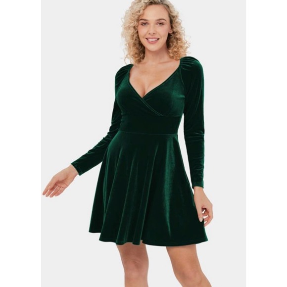 NEW Halara Womens Velvet Mini Flare Casual Dress Surplice Dark Green Size XL - Picture 11 of 12